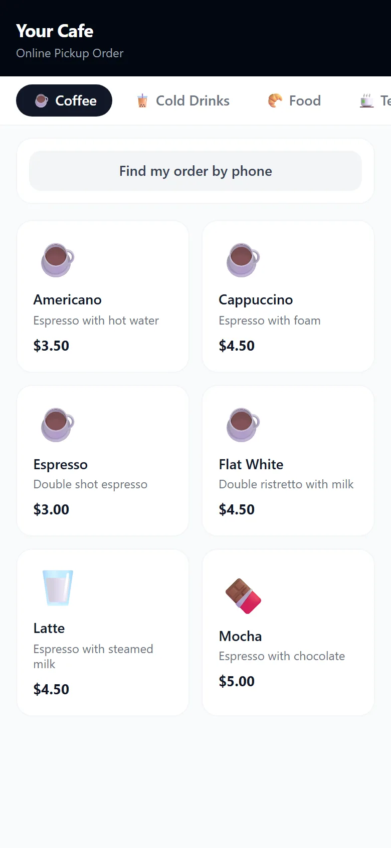 The customer ordering page on a phone, showing the coffee menu with prices.