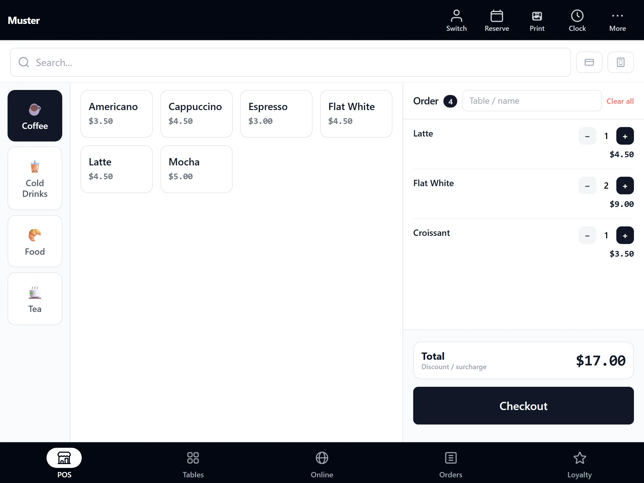 The Muster POS till on an iPad: product tiles on the left, an order of a latte, two flat whites and a croissant on the right, with a Checkout button.